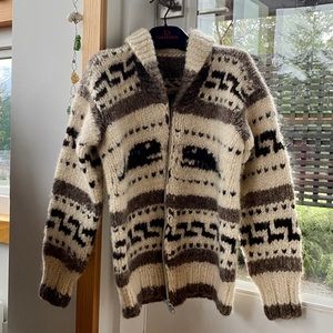Hand knit authentic Cowichan Sweater made from hand spun wool.